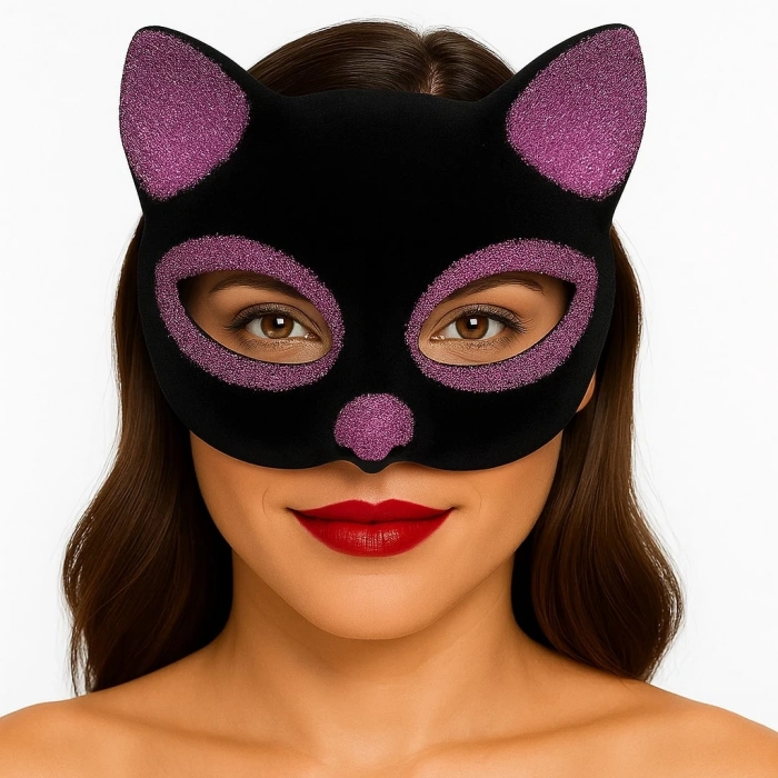 Çocuk Siyah Renk Pembe Simli Süet Kedi Maskesi 18x14 cm