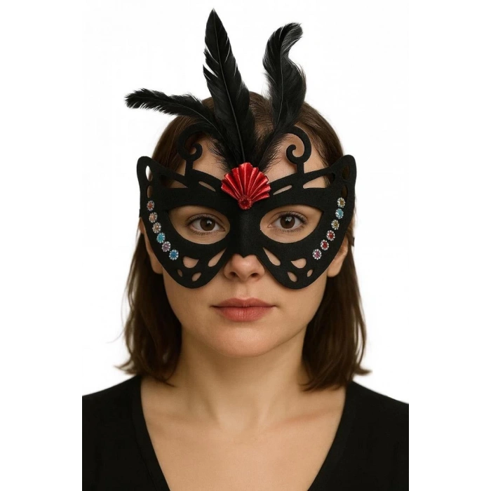 Çocuk Siyah Renk Siyah Süet Kaplama Tüylü Kelebek Figür Parti Maskesi 24x18 cm