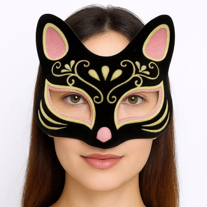 Çocuk Siyah Renk Süet Kaplama Üzeri Pembe Sarı Simli Kedi Maskesi 17x14 cm