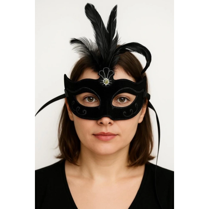 Çocuk Siyah Renk Tüylü Siyah Süet Kaplama Parti Balo Maskesi 20X16 cm
