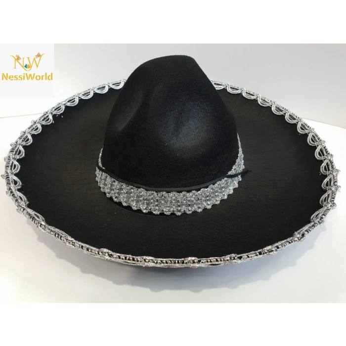 Gümüş Renk Şeritli Meksika Mariachi Latin Şapkası 55 cm Çocuk