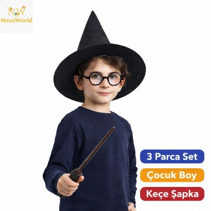 Harry Potter Tarzı Çocuk Seti (Siyah Keçe Şapka, Asa, Gözlük)