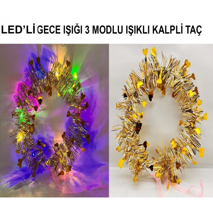 Kalp Püsküllü Gece Parıltısı 3 Modlu LED&#39;li Işıklı Taç Altın Renk