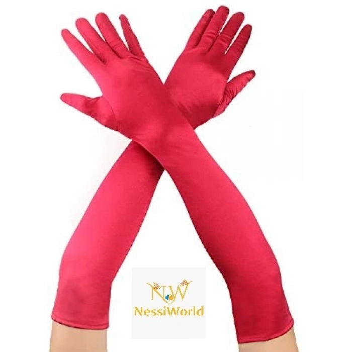 Kırmızı Renk Dirseğe Kadar Uzun Kumaş Eldiven 40 cm