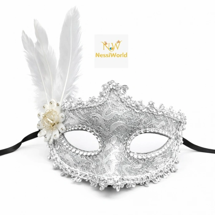 Lüks Beyaz Tüylü Venedik Maskesi – Taşlı Dantel Tasarım