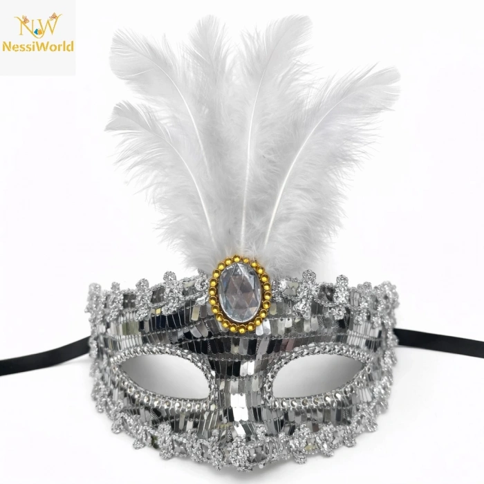 Lüks Gümüş Tüylü Taşlı Balo Maskesi