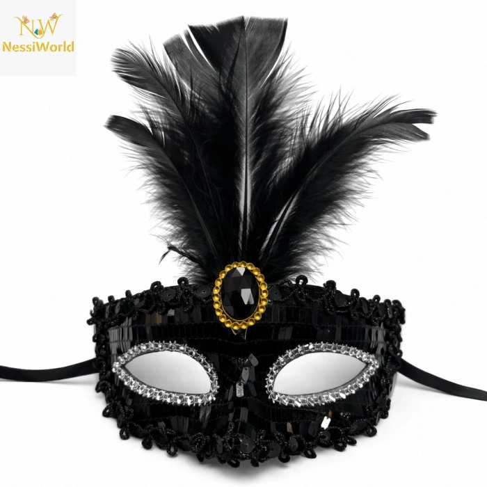 Lüks Siyah Tüylü Taşlı Balo Maskesi