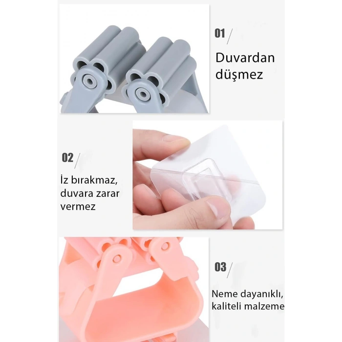 Mop Sapı Tutucu 4adet Yapışkanlı Fırça Tutucu Paspas Ve Mop Tutacağı Mutfak Askılığı Tuvalet Fırçası