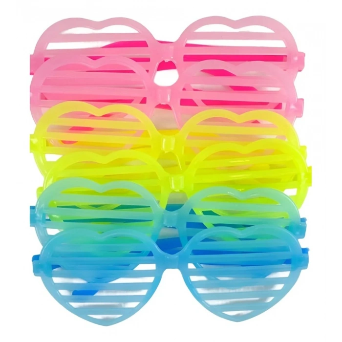 Neon Fosforlu Kalp Panjur Gözlük 12 Adet – 80’ler 90’lar Parti Stili