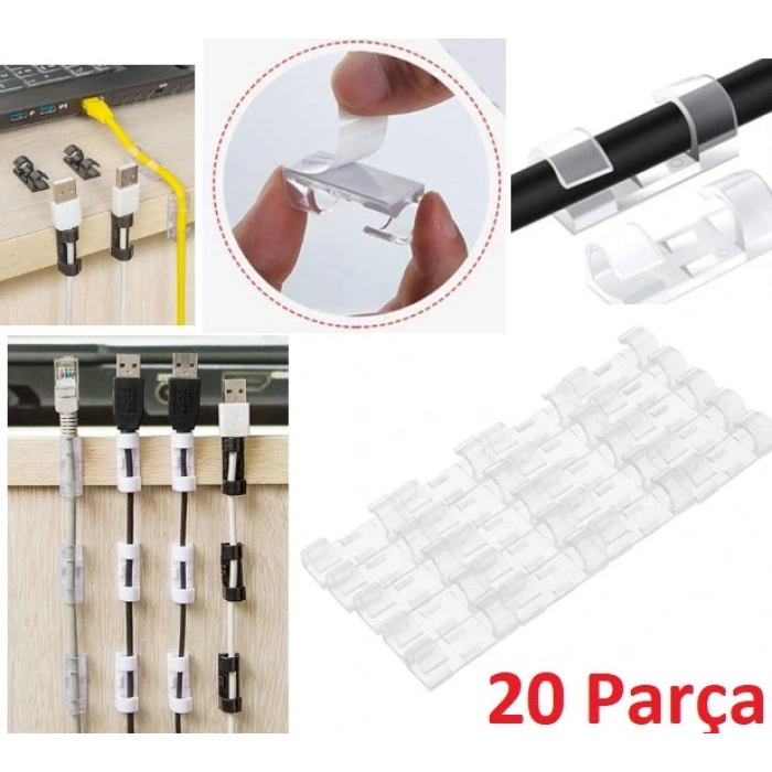 Eğitici Oyuncak 20li Yapışkanlı Kablo Sabitleyici Şeffaf Klips