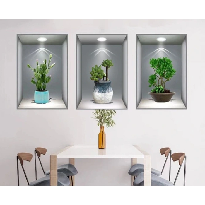 Eğitici Oyuncak 3D Çiçek Vazo Duvar Sticker 3 lü Set GRİ Fon