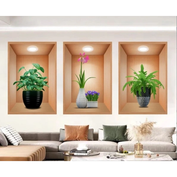 Eğitici Oyuncak 3D Çiçek Vazo Duvar Sticker 3 lü Set Kahverengi Fon