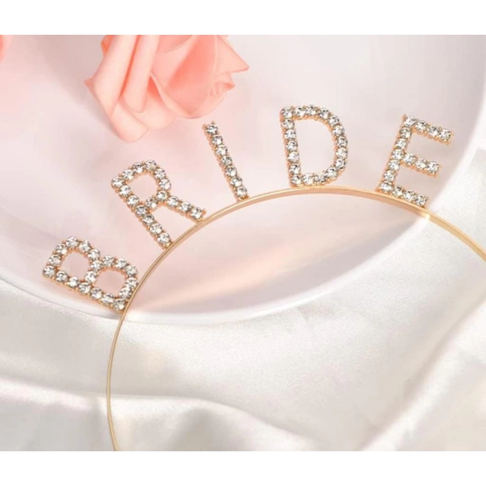Altın Gold Bekarlığa Veda Kristal Taşlı Bride Tacı 16x10 cm Şık Aksesuar