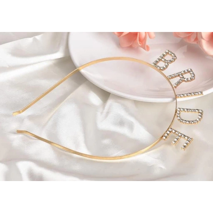 Altın Gold Bekarlığa Veda Kristal Taşlı Bride Tacı 16x10 cm Şık Aksesuar