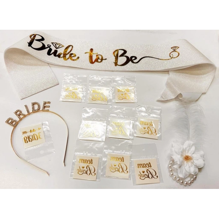 Çocuk Altın Renk Bride Partisi Taç Kuşak Dövme Bileklik Seti Full 13 Parça