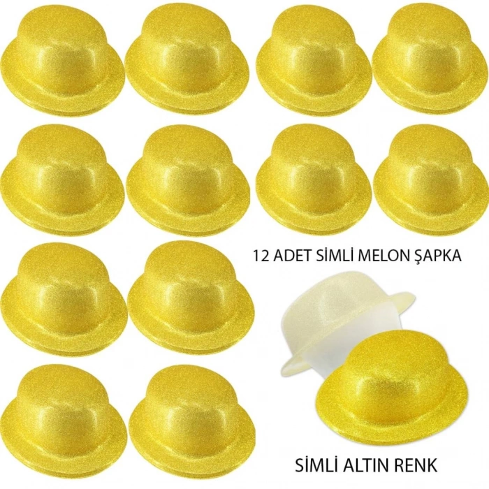 Çocuk Altın Renk Simli Melon Yuvarlak Parti Şapkası 12 Adet
