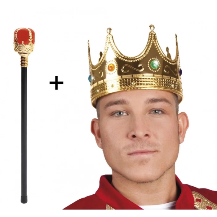 Çocuk AltınRenk60cmKralTacıKraliyetTacıveKırmızıTopuzluKralAsasıSeti