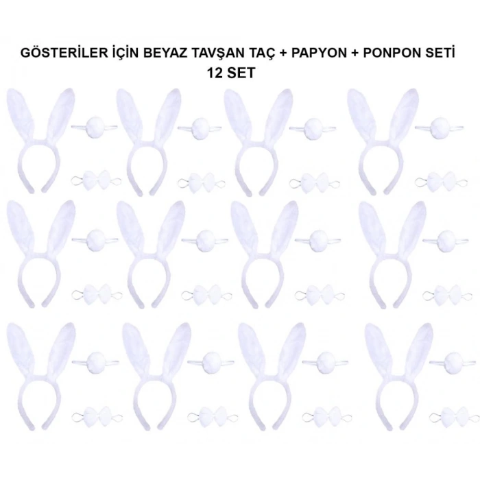 Beyaz Tavşan Kostüm Seti Taç, Papyon, Kuyruk 12li Parti ve Gösteri Aksesuarı