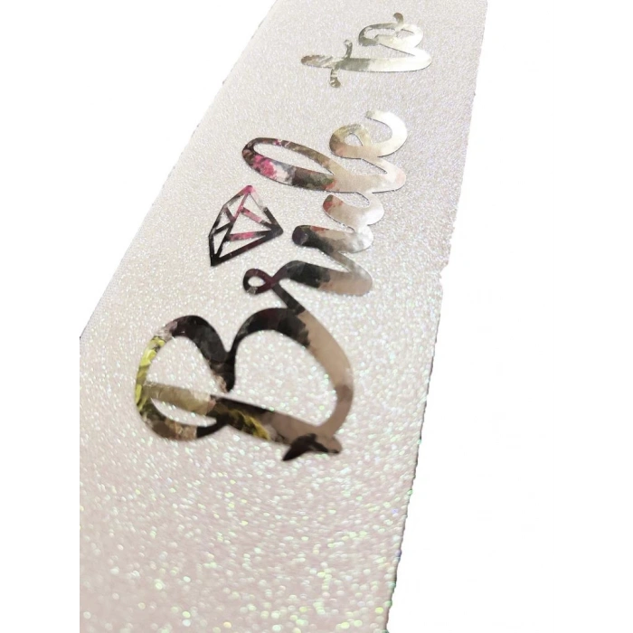 Çocuk Beyaz Üzeri Gümüş İtalik Alyanslı Bride To Be Yazılı Simli Işıltılı Kuşak Kemer 10x80 cm