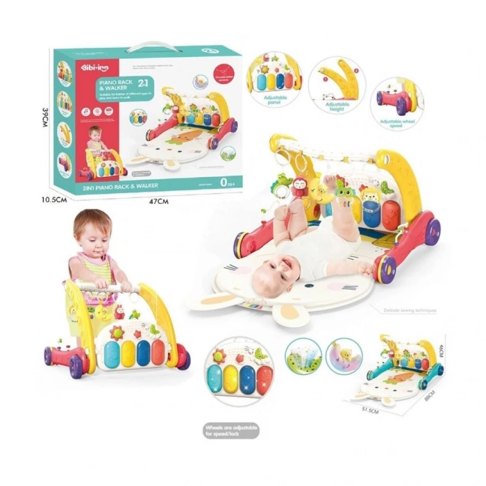 Eğitici Oyuncak BIB6016- Vardem Piyanolu Bebek Yürüteci ve Tavşan Desenli Kırmızı Oyun Halısı  2 in 1