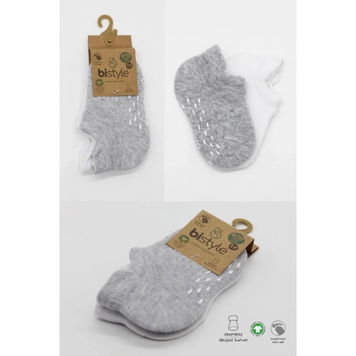 Eğitici Oyuncak Bistyle 2Li Sneakers Kaymaz Basic Penye Çorap BS20103 Gri Beyaz