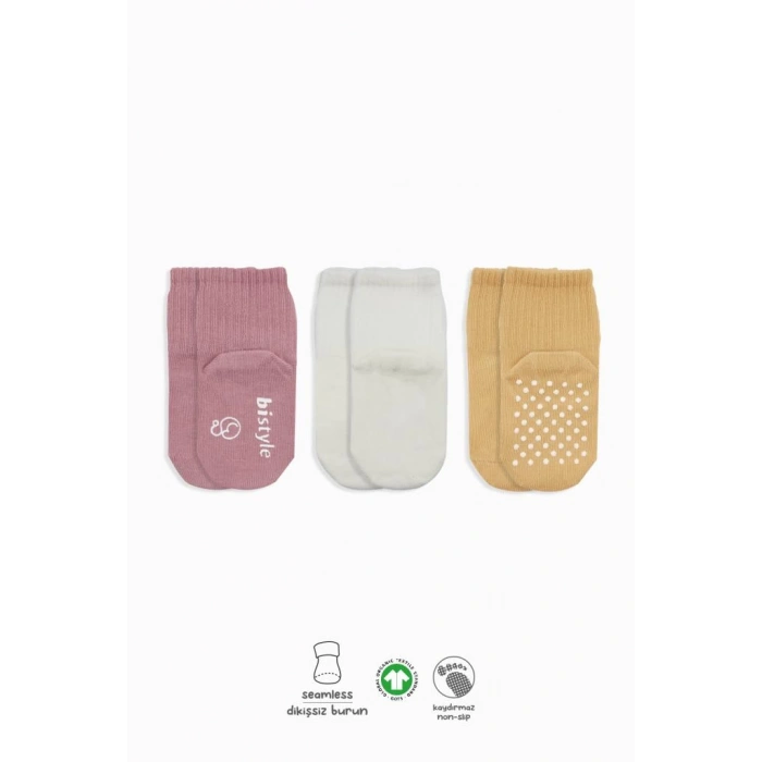Çocuk Bistyle Basic Kaymaz Penye Soket Çorap 3Lü BS10106 Pudra Ekru Somon