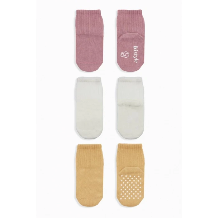 Çocuk Bistyle Basic Kaymaz Penye Soket Çorap 3Lü BS10106 Pudra Ekru Somon