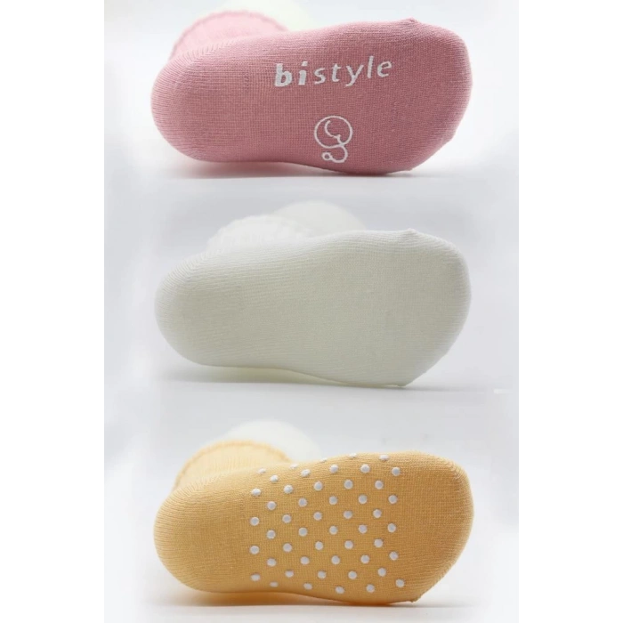 Çocuk Bistyle Basic Kaymaz Penye Soket Çorap 3Lü BS10106 Pudra Ekru Somon
