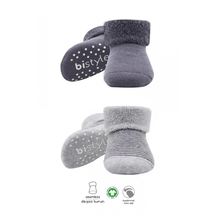  Bistyle Çemberli Kaymaz Havlu Soket Çorap 2Li BS10503 Gri-Antrasit