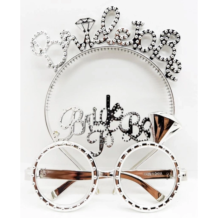 Çocuk BrideToBeYazılıTaçveBrideToBeYazılıGözlükSetiGümüşRenk