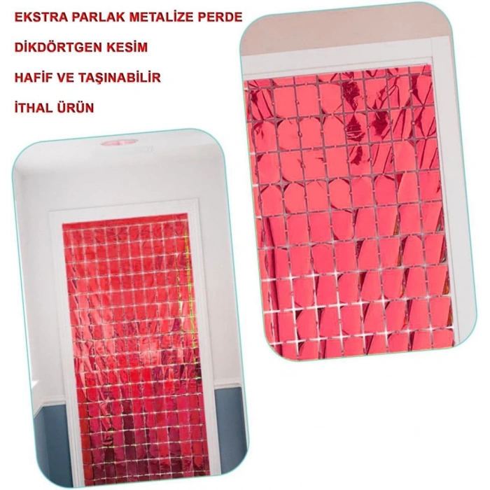 Çocuk Ekstra Metalize Kırmızı Renk Disko Dikdörtgen Kesim Kapı Perdesi Dekorasyon 1x2 Metre