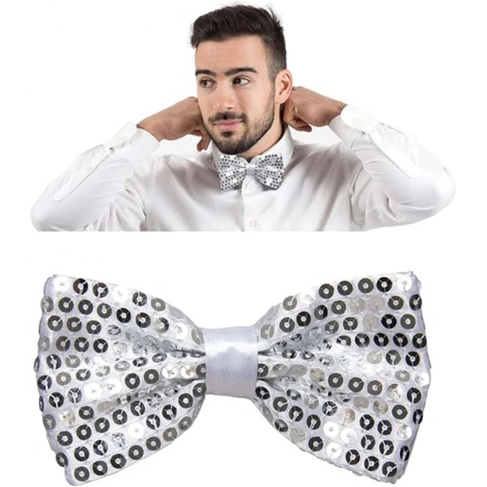 Gece Işıltısı Gümüş Payetli Pullu Papyon Parlak ve Şık Parti Aksesuarı