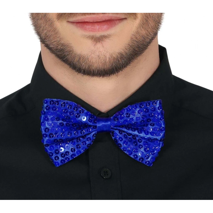 Gece Işıltısı Mavi Payetli Pullu Papyon 7x2 cm Şık ve Işıltılı Parti Detayı