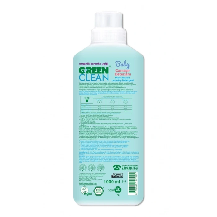 Çocuk Green Clean Baby Bitkisel Çamaşır Deterjanı 1000 ml (20 Yıkama)