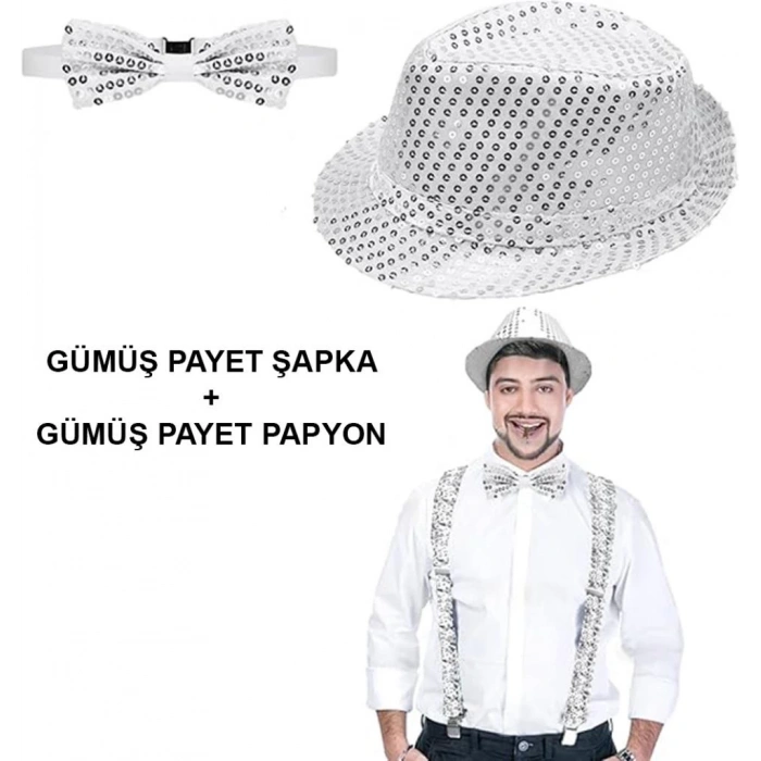 Gümüş Payetli Şapka ve Papyon Seti Parıltılı Yetişkin Kostüm Seti
