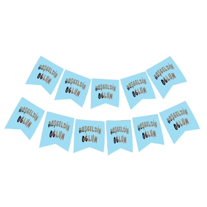 Çocuk Hoşgeldin Oğlum Yazılı Mavi Üzeri Gümüş Yeni Doğan Bebek Doğum Süsü Afiş Bayrak Flama 2.2 Metre
