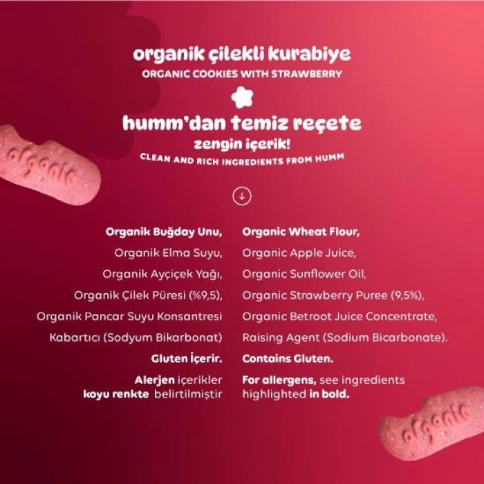 Humm Organik Vegan Çilekli Kurabiye 55 Gr, Sağlıklı ve Doğal Tatlar