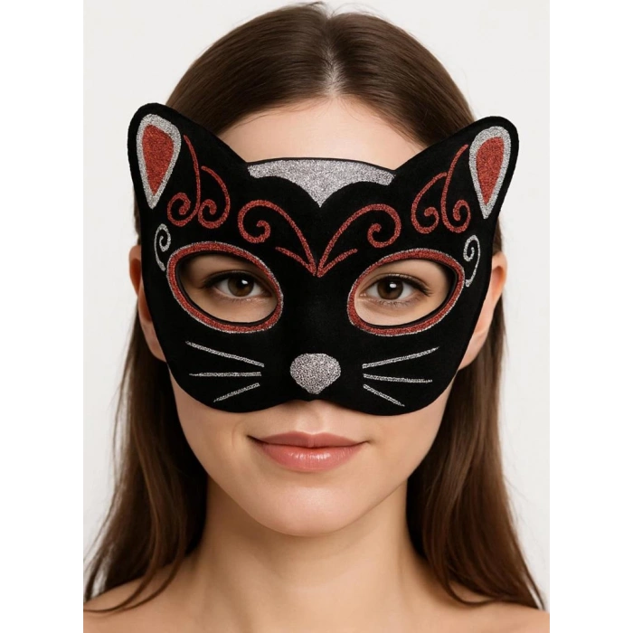 Eğitici Çocuk  Oyuncak Kadife Dokulu Sim Detaylı Işıltılı Kedi Maskesi Kırmızı Gümüş 20x13 cm