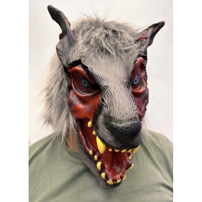 Çocuk Kafaya Tam Geçmeli Lateks Dişli Ağzı Açık Kurt Maskesi