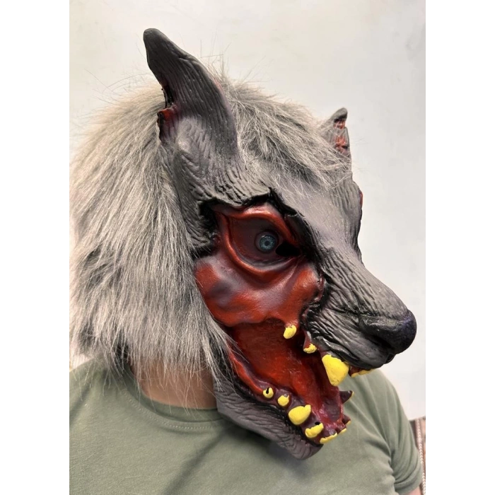 Çocuk Kafaya Tam Geçmeli Lateks Dişli Ağzı Açık Kurt Maskesi