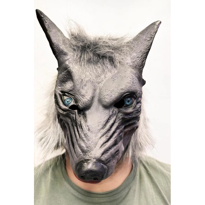Çocuk Kafaya Tam Geçmeli Lateks Mavi Gözlü Dişli Ağzı Açık Kurt Maskesi