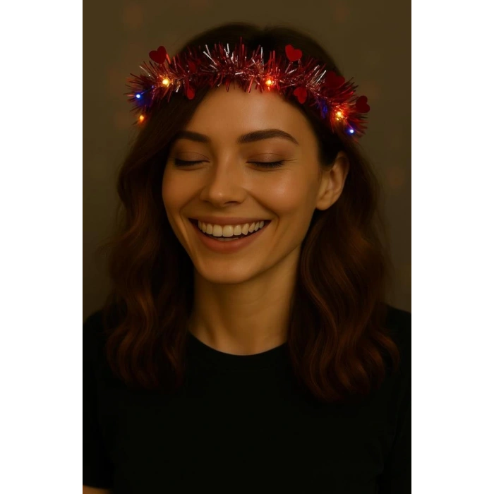 Eğitici Çocuk  Gelişim  Kalp Püsküllü Gece Parıltısı 3 Modlu LED&#39;li Işıklı Taç Kırmızı Renk