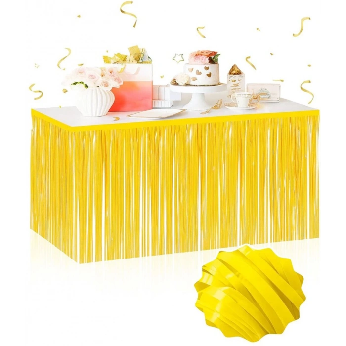 Eğitici Çocuk Kendinden Yapışkanlı Makaron Sarı Püsküllü Masa Eteği – 75 x 275 cm Parti Süslemesi