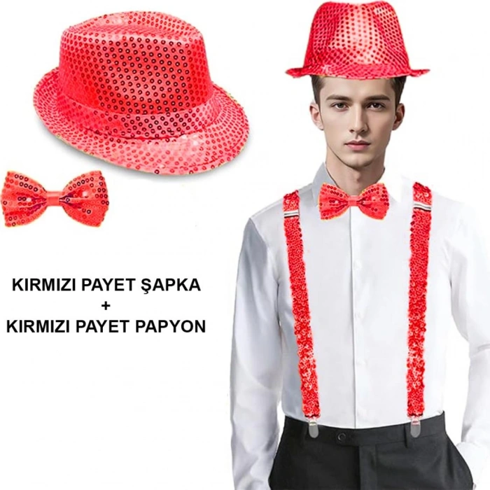 Kırmızı Payetli Şapka ve Papyon Seti Parıltılı Yetişkin Kostüm Seti