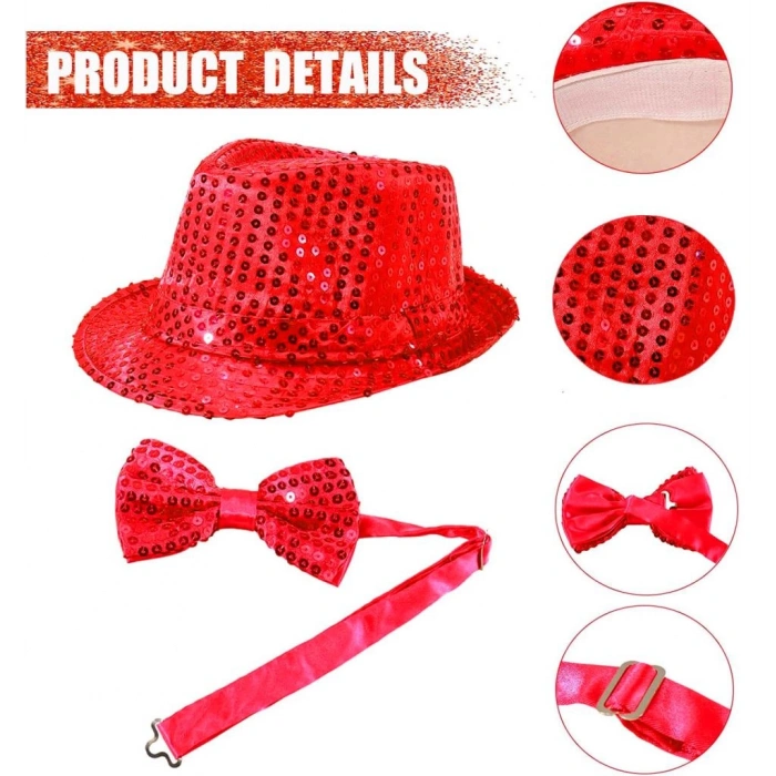 Kırmızı Payetli Şapka ve Papyon Seti Parıltılı Yetişkin Kostüm Seti