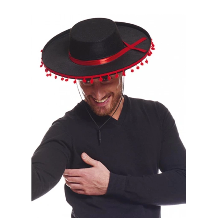 Kırmızı Ponponlu Siyah Yetişkin İspanyol Şapkası Şık ve Eğlenceli Tasarım
