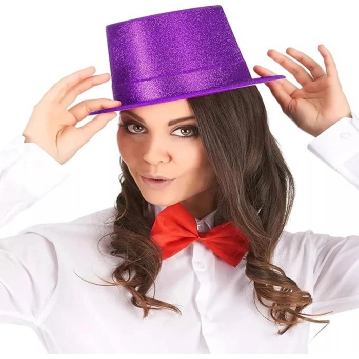 Koyu Mor Violet Parıltılı Simli Fötr Silindir Parti Şapkası Renkli ve Özel