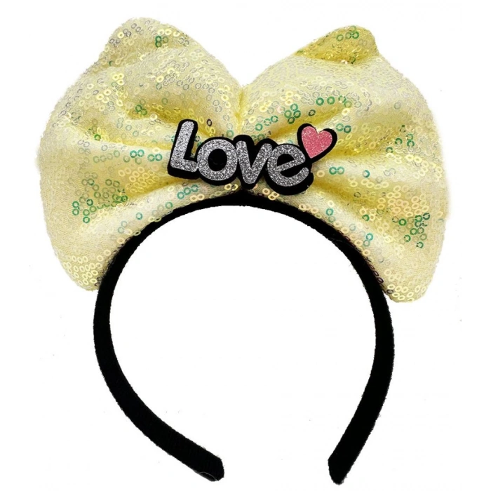 Çocuk   Led Işıklı 3 Farklı Fonksiyonda Yanan Gümüş Love Yazılı Sarı Fiyonk Taç 20X17 cm