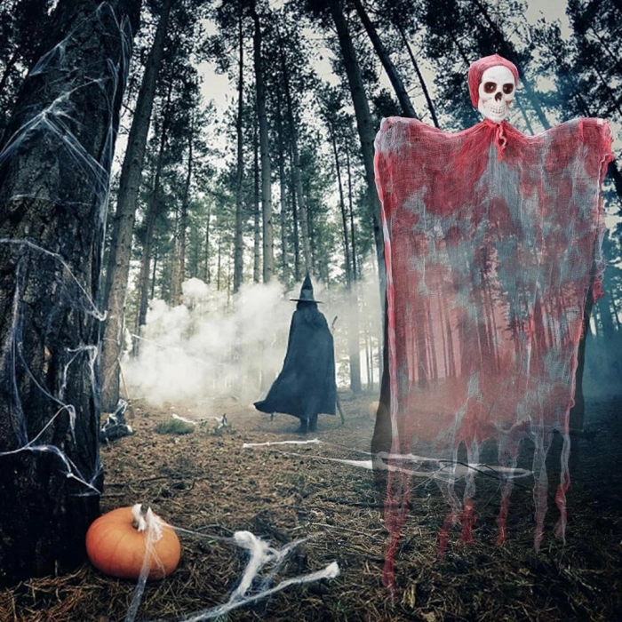 Çocuk Led Işıklı Kahkaha Atan Sesli Sensörlü Ürpertici Kuru Kafa Kanlı Korku Hayalet Saçaklı Dekor 90x50 cm