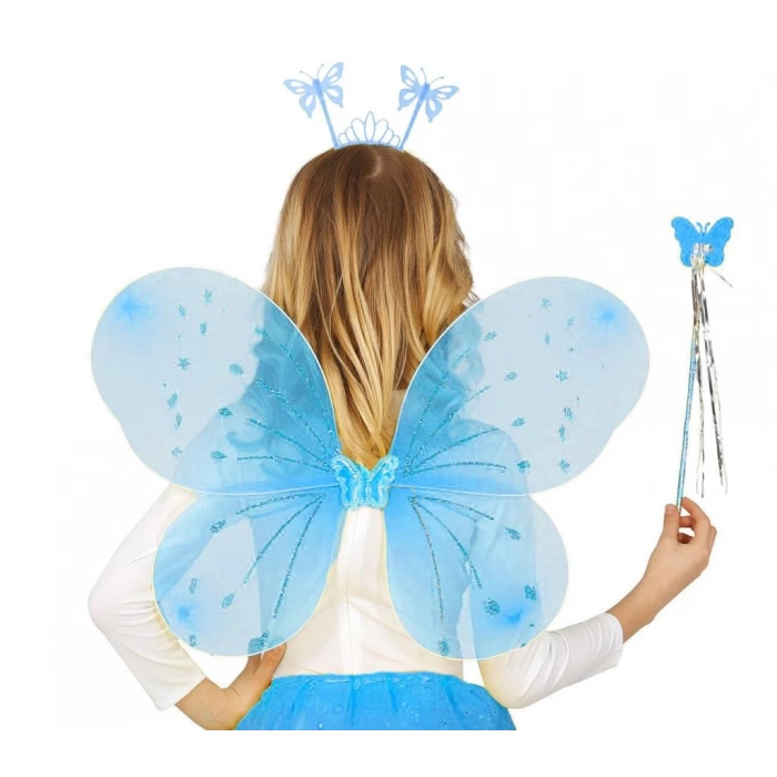 Mavi Çocuk Kelebek Kanat Taç Asa Seti, Eğlenceli ve Şık, Çocukların Hayal Gücünü Geliştirir